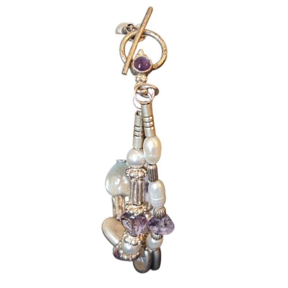 Sterling Rice Pearl Heart Shaped Freshwater Coin Pearls Amethyst Charm Bracelet